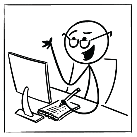 employee at computer with pen and notepad