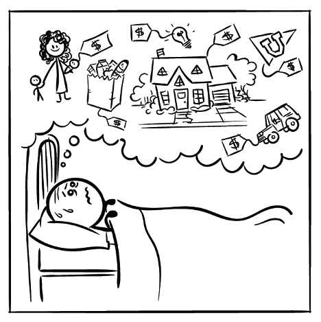 Person lying in bed dreaming about all the costs of running a house.